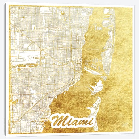 Miami Gold Leaf Urban Blueprint Map Canvas Print #HUR219} by Hubert Roguski Art Print