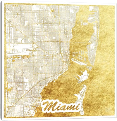 Miami Gold Leaf Urban Blueprint Map Canvas Art Print - Miami Maps