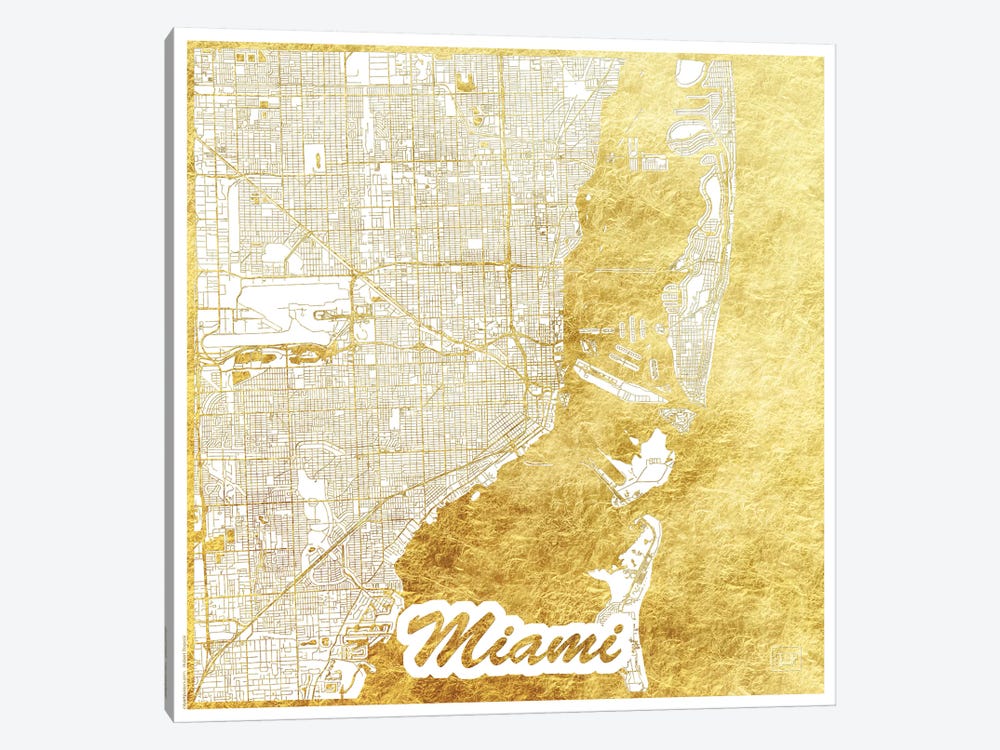 Miami Gold Leaf Urban Blueprint Map by Hubert Roguski 1-piece Art Print