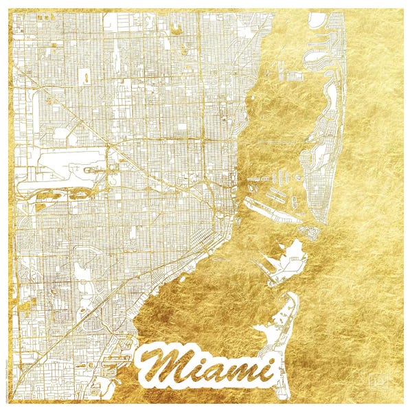 Miami Maps: Miami Gold Leaf Urban Blueprint Map by Hubert Roguski