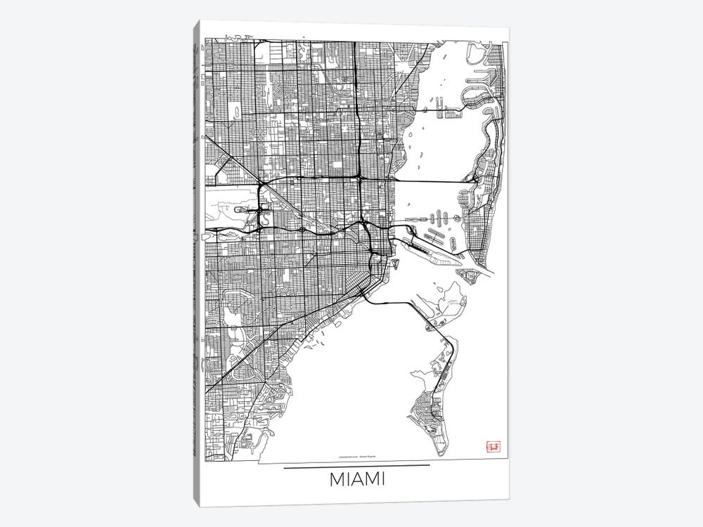 Miami Minimal Urban Blueprint Map by Hubert Roguski 1-piece Canvas Print