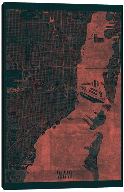 Miami Infrared Urban Blueprint Map Canvas Art Print - Miami Art