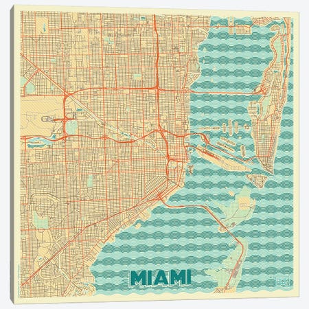Miami Retro Urban Blueprint Map Canvas Print #HUR222} by Hubert Roguski Canvas Wall Art