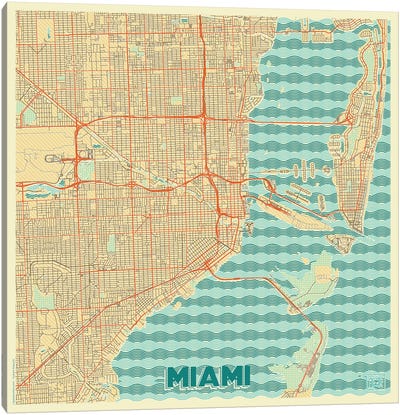 Miami Retro Urban Blueprint Map Canvas Art Print - Miami Maps