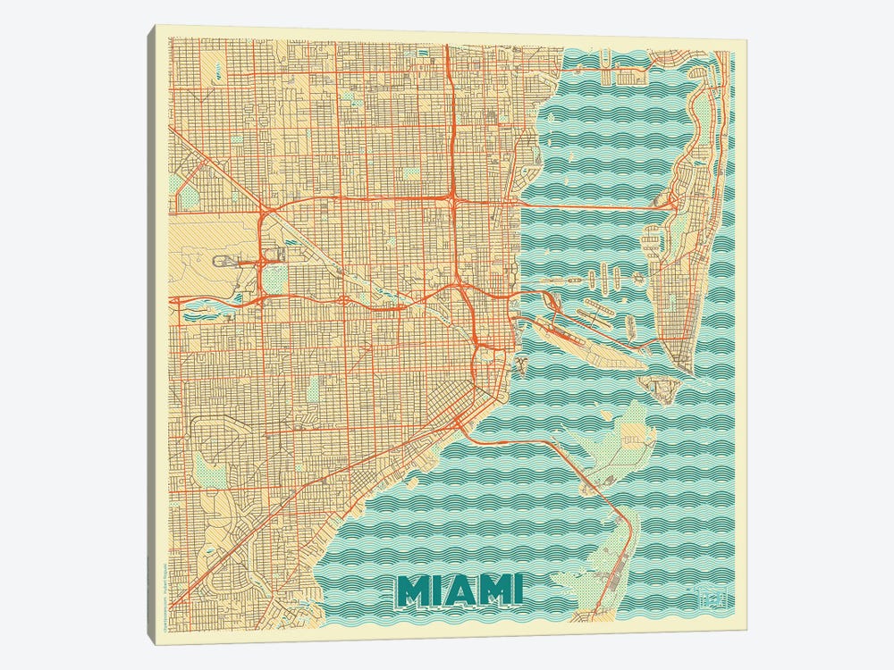 Miami Retro Urban Blueprint Map by Hubert Roguski 1-piece Canvas Print