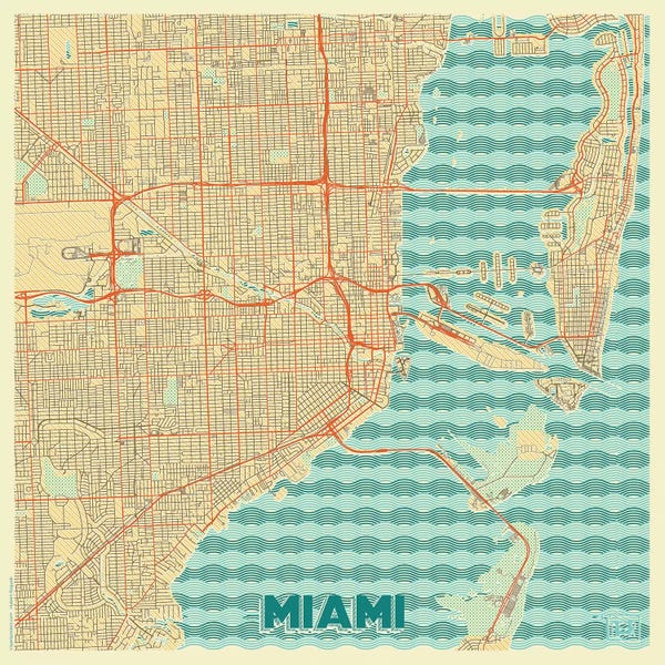 Hubert Roguski: Miami Retro Urban Blueprint Map by Hubert Roguski