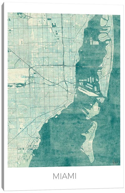 Miami Vintage Blue Watercolor Urban Blueprint Map Canvas Art Print - Miami Maps