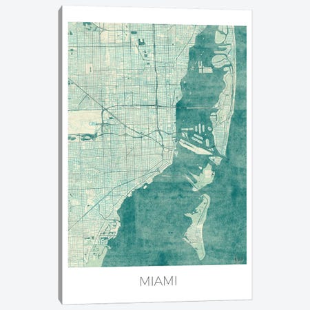 Miami Vintage Blue Watercolor Urban Blueprint Map Canvas Print #HUR223} by Hubert Roguski Canvas Artwork