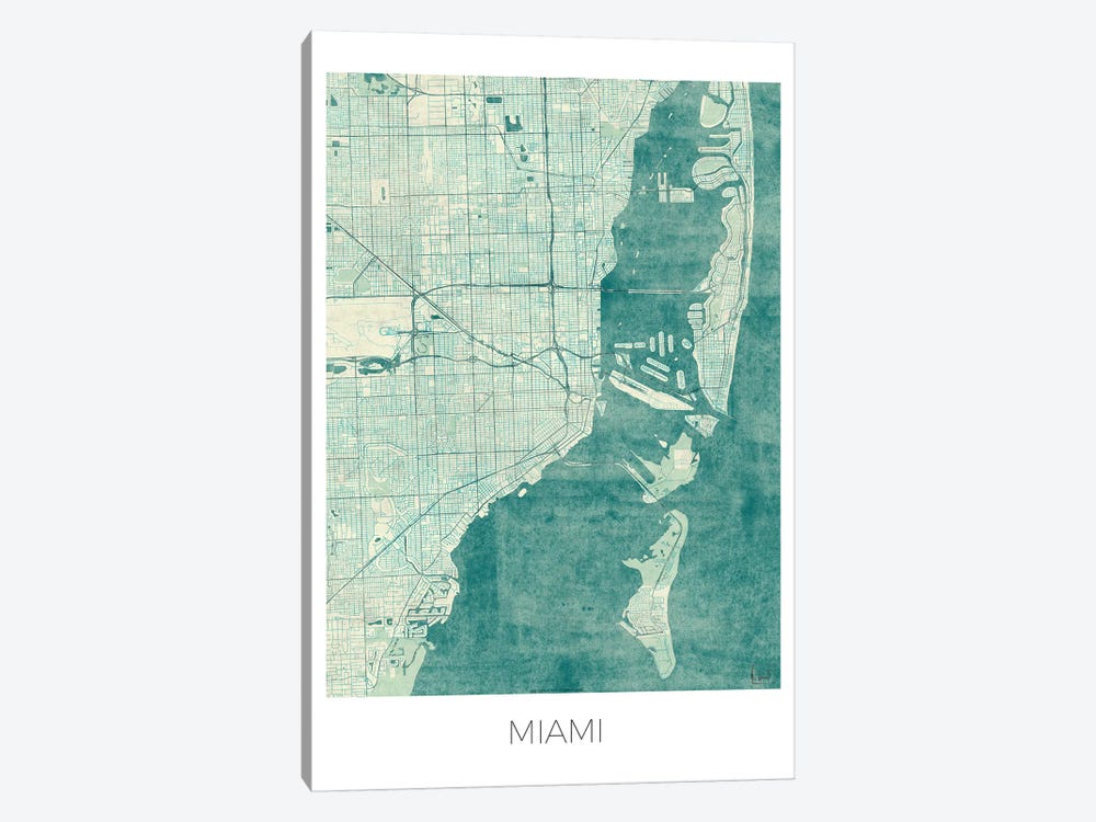 Miami Vintage Blue Watercolor Urban Blueprint Map by Hubert Roguski 1-piece Canvas Wall Art