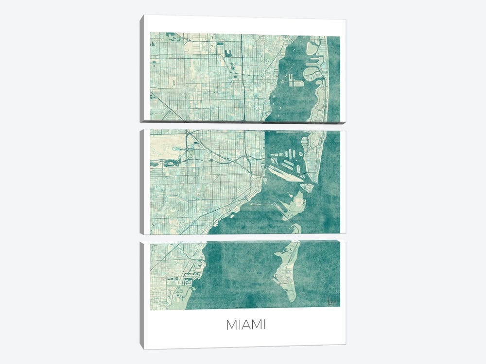 Miami Vintage Blue Watercolor Urban Blueprint Map by Hubert Roguski 3-piece Canvas Wall Art