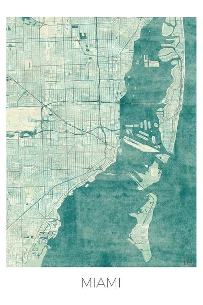 Large Map Art - Canvas Prints: Miami Vintage Blue Watercolor Urban Blueprint Map by Hubert Roguski
