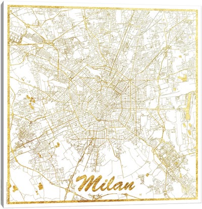 Milan Gold Leaf Urban Blueprint Map Canvas Art Print - Black, White & Gold Art