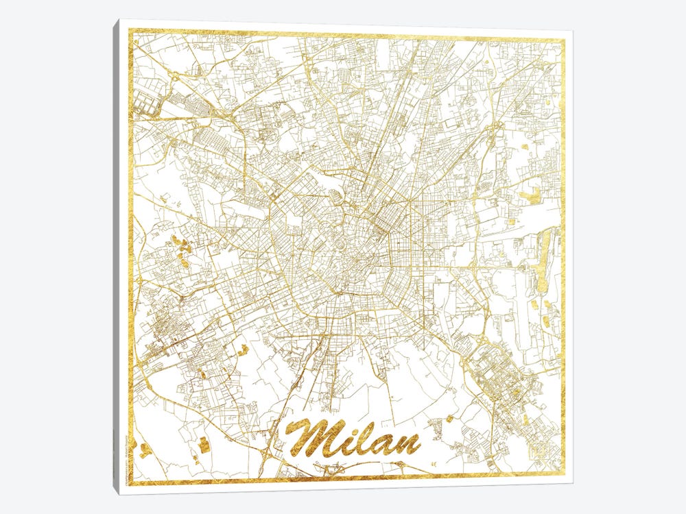 Milan Gold Leaf Urban Blueprint Map by Hubert Roguski 1-piece Canvas Wall Art