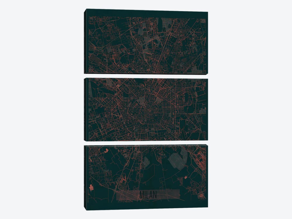 Milan Infrared Urban Blueprint Map 3-piece Canvas Artwork