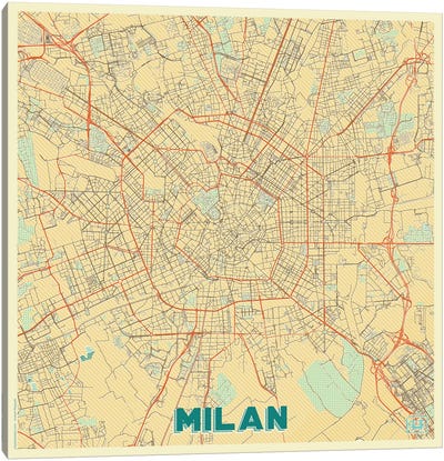 Milan Retro Urban Blueprint Map Canvas Art Print - Milan Art