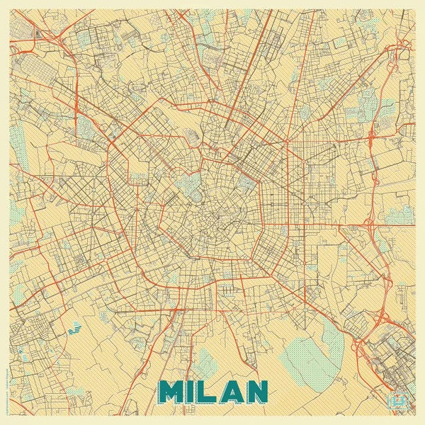 Hubert Roguski: Milan Retro Urban Blueprint Map by Hubert Roguski