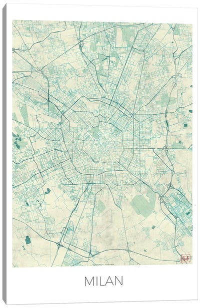 Milan Vintage Blue Watercolor Urban Blueprint Map Canvas Art Print - Hubert Roguski