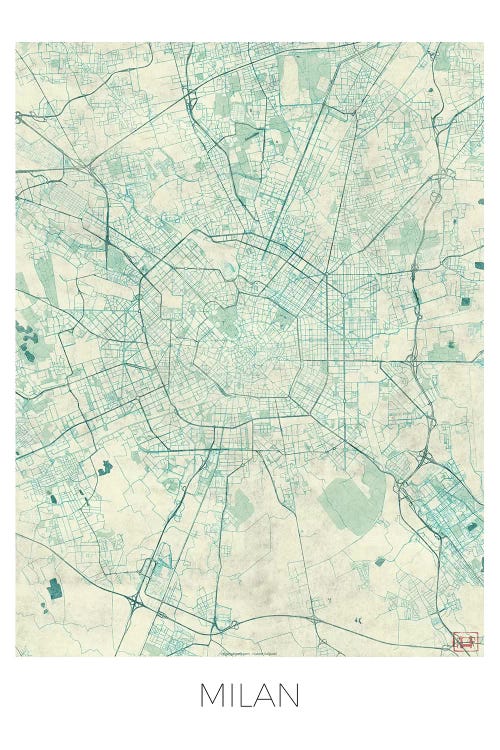 Milan Vintage Blue Watercolor Urban Blueprint Map