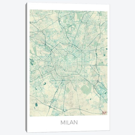 Milan Vintage Blue Watercolor Urban Blueprint Map Canvas Print #HUR229} by Hubert Roguski Canvas Art