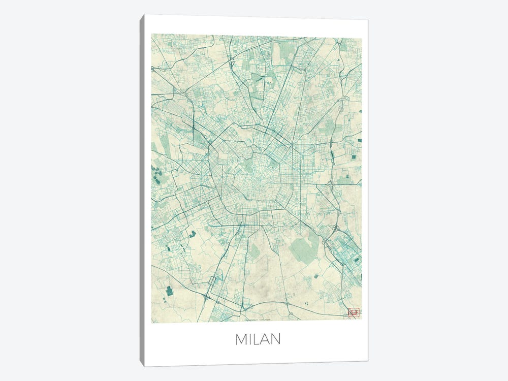 Milan Vintage Blue Watercolor Urban Blueprint Map by Hubert Roguski 1-piece Canvas Artwork