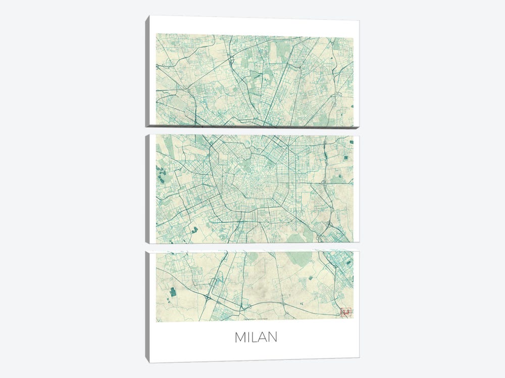 Milan Vintage Blue Watercolor Urban Blueprint Map by Hubert Roguski 3-piece Canvas Wall Art
