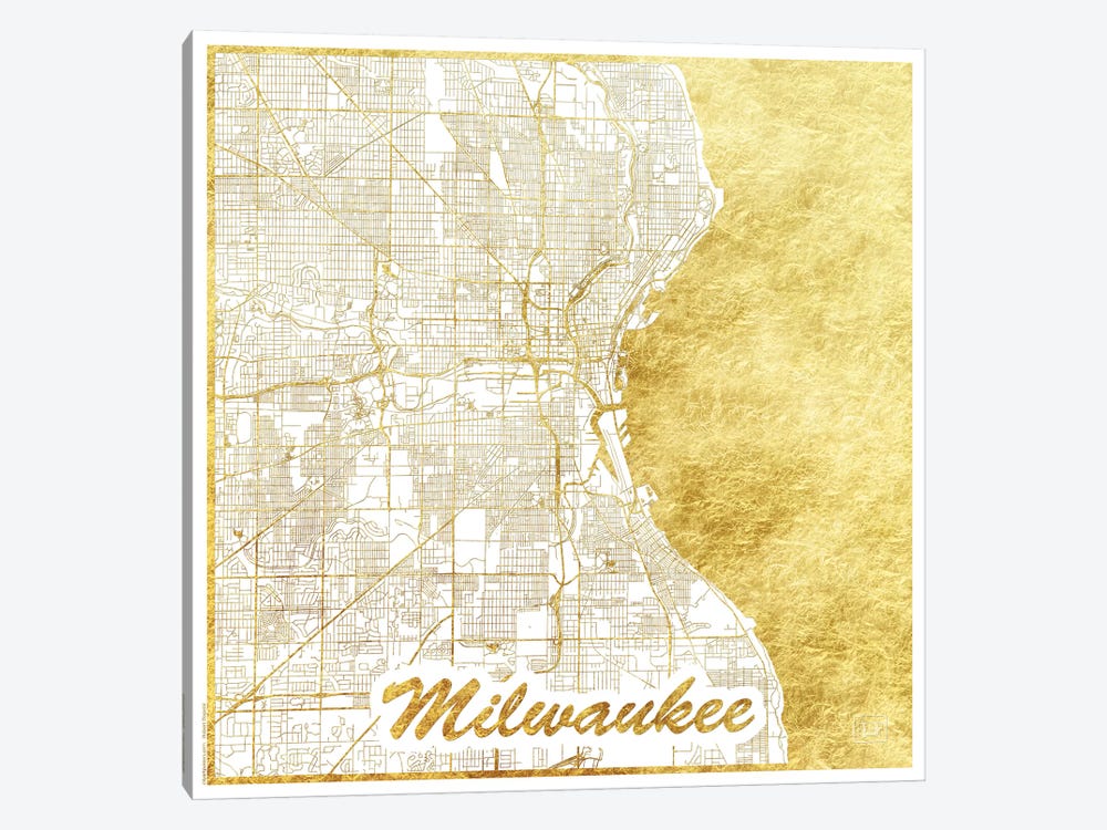 Milwaukee Gold Leaf Urban Blueprint Map by Hubert Roguski 1-piece Canvas Artwork