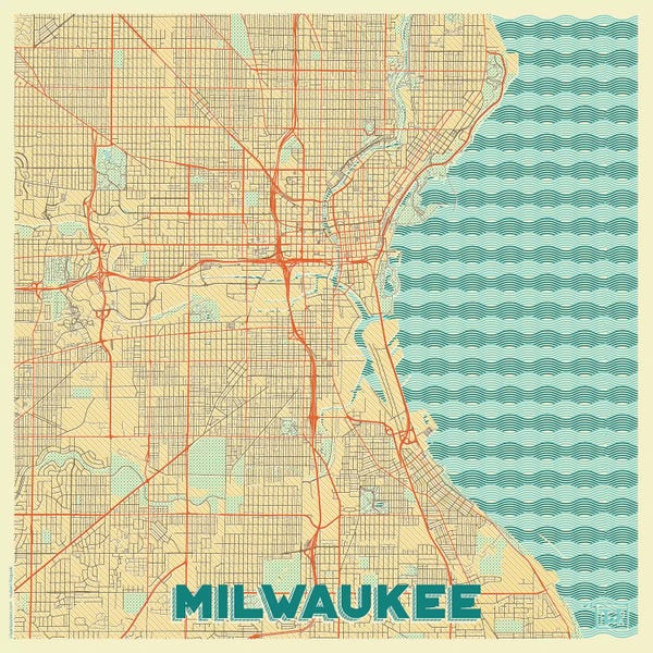 Wisconsin: Milwaukee Retro Urban Blueprint Map by Hubert Roguski
