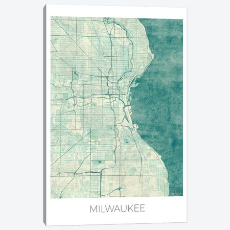 Milwaukee Vintage Blue Watercolor Urban Blueprint Map Canvas Print #HUR234} by Hubert Roguski Canvas Art