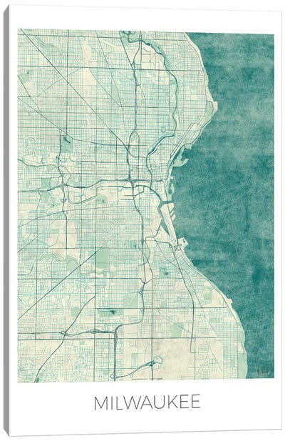 Milwaukee Vintage Blue Watercolor Urban Blueprint Map Canvas Art Print - Hubert Roguski