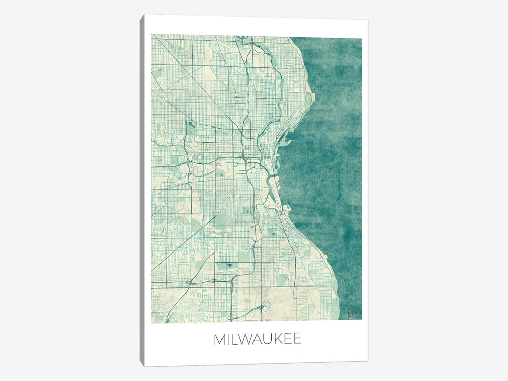 Milwaukee Vintage Blue Watercolor Urban Blueprint Map by Hubert Roguski 1-piece Canvas Artwork