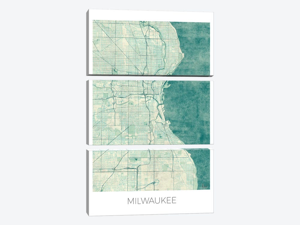 Milwaukee Vintage Blue Watercolor Urban Blueprint Map by Hubert Roguski 3-piece Canvas Art