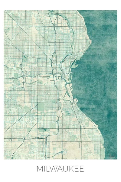 Hubert Roguski: Milwaukee Vintage Blue Watercolor Urban Blueprint Map by Hubert Roguski