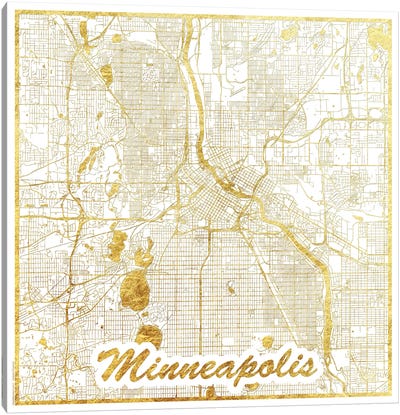 Minneapolis Gold Leaf Urban Blueprint Map Canvas Art Print - Gold & White Art