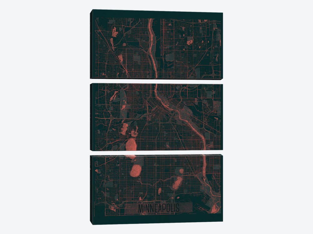 Minneapolis Infrared Urban Blueprint Map by Hubert Roguski 3-piece Canvas Art Print