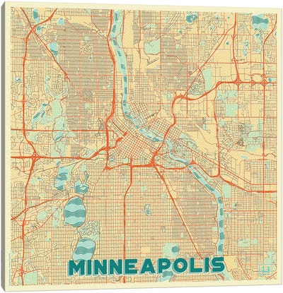 Minneapolis Retro Urban Blueprint Map Canvas Art Print - Minnesota Art