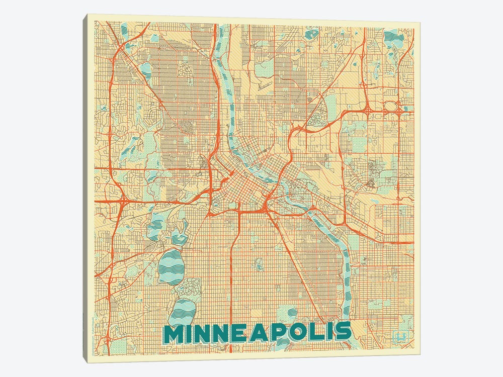 Minneapolis Retro Urban Blueprint Map by Hubert Roguski 1-piece Canvas Wall Art