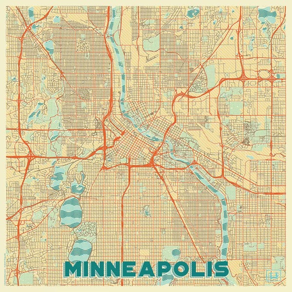 Minnesota: Minneapolis Retro Urban Blueprint Map by Hubert Roguski
