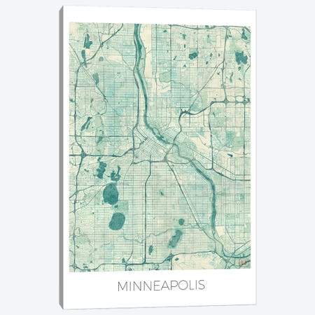 Minneapolis Vintage Blue Watercolor Urban Blueprint Map Canvas Print #HUR239} by Hubert Roguski Canvas Print