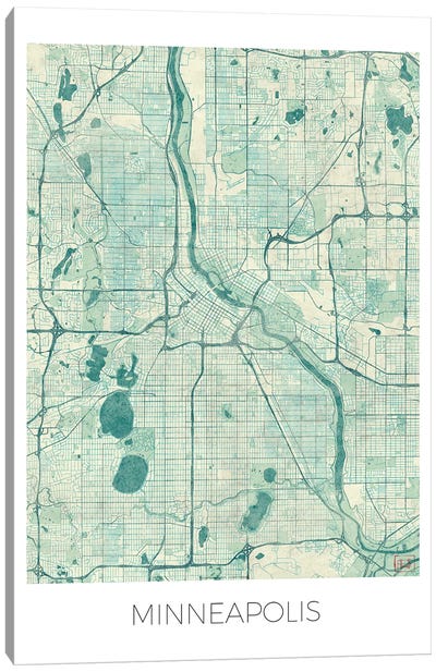 Minneapolis Vintage Blue Watercolor Urban Blueprint Map Canvas Art Print - Minneapolis Art