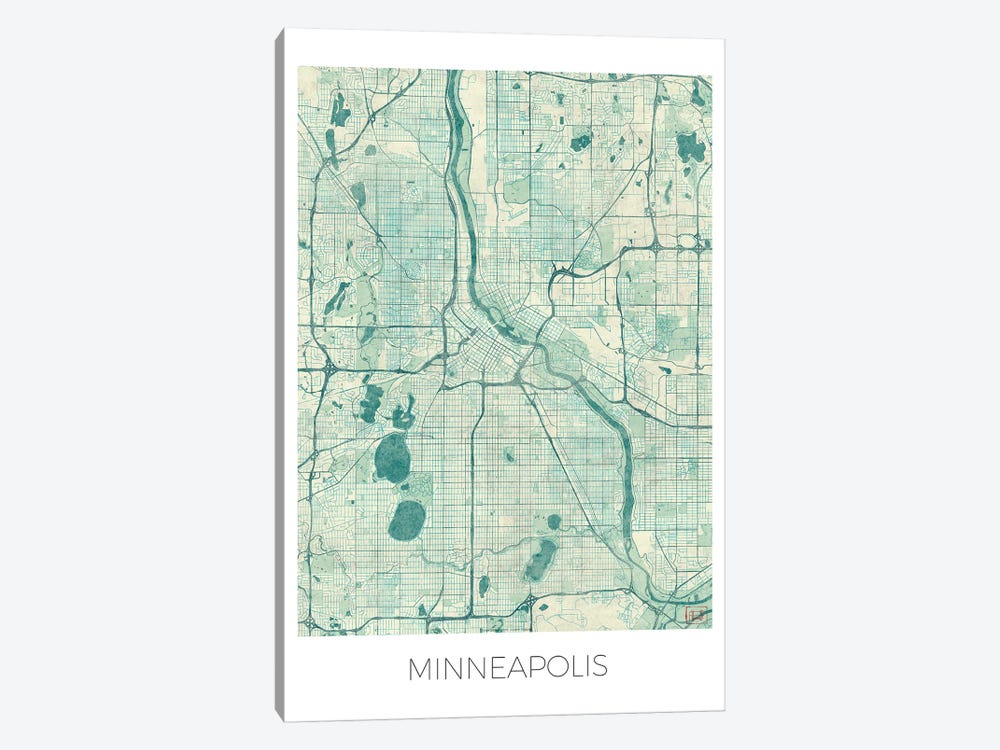 Minneapolis Vintage Blue Watercolor Urban Blueprint Map by Hubert Roguski 1-piece Art Print