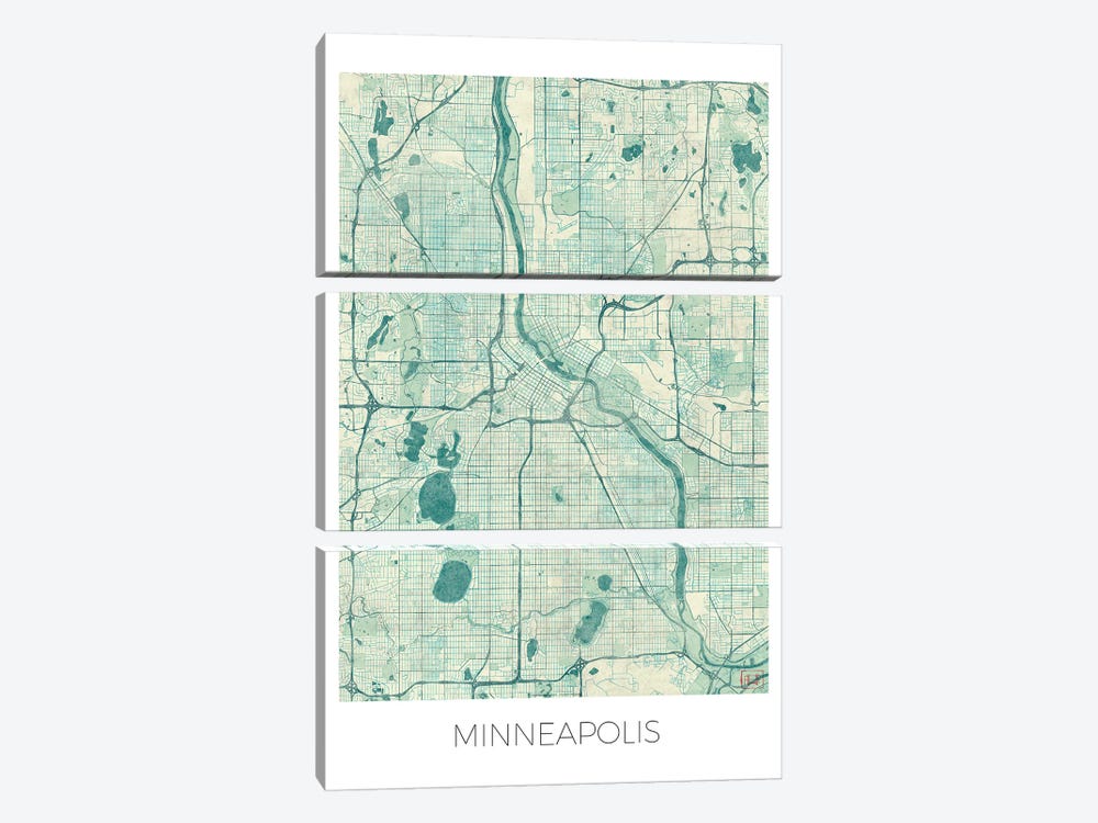 Minneapolis Vintage Blue Watercolor Urban Blueprint Map by Hubert Roguski 3-piece Art Print