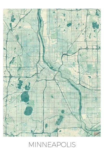 Hubert Roguski: Minneapolis Vintage Blue Watercolor Urban Blueprint Map by Hubert Roguski