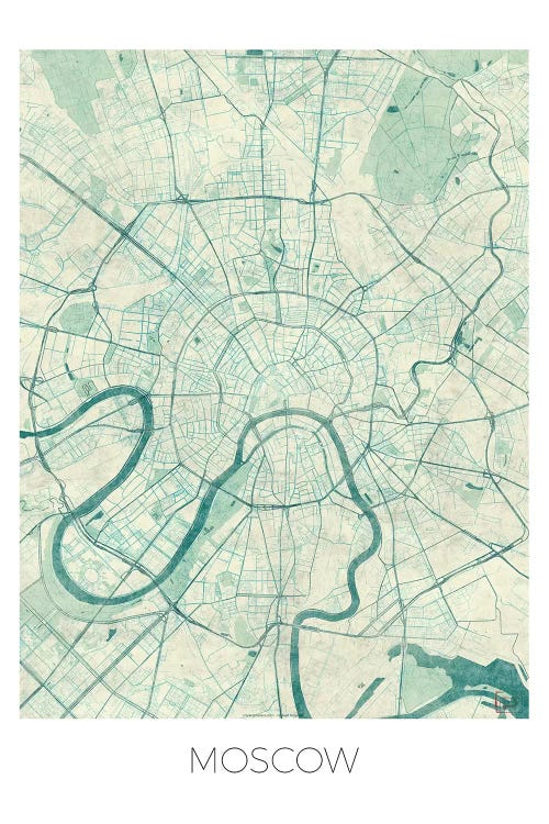 Moscow Vintage Blue Watercolor Urban Blueprint Map