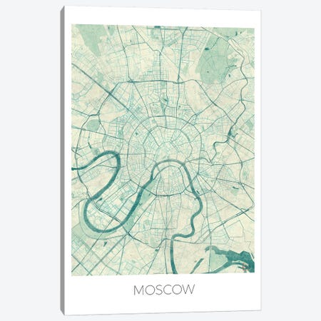 Moscow Vintage Blue Watercolor Urban Blueprint Map Canvas Print #HUR248} by Hubert Roguski Canvas Wall Art
