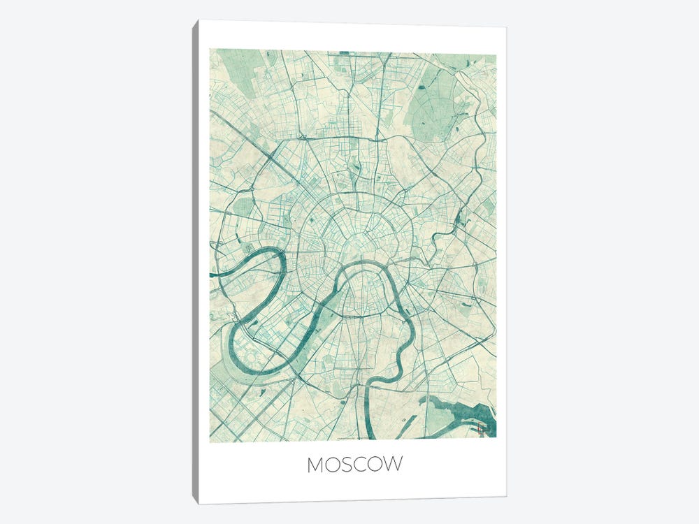 Moscow Vintage Blue Watercolor Urban Blueprint Map by Hubert Roguski 1-piece Canvas Print