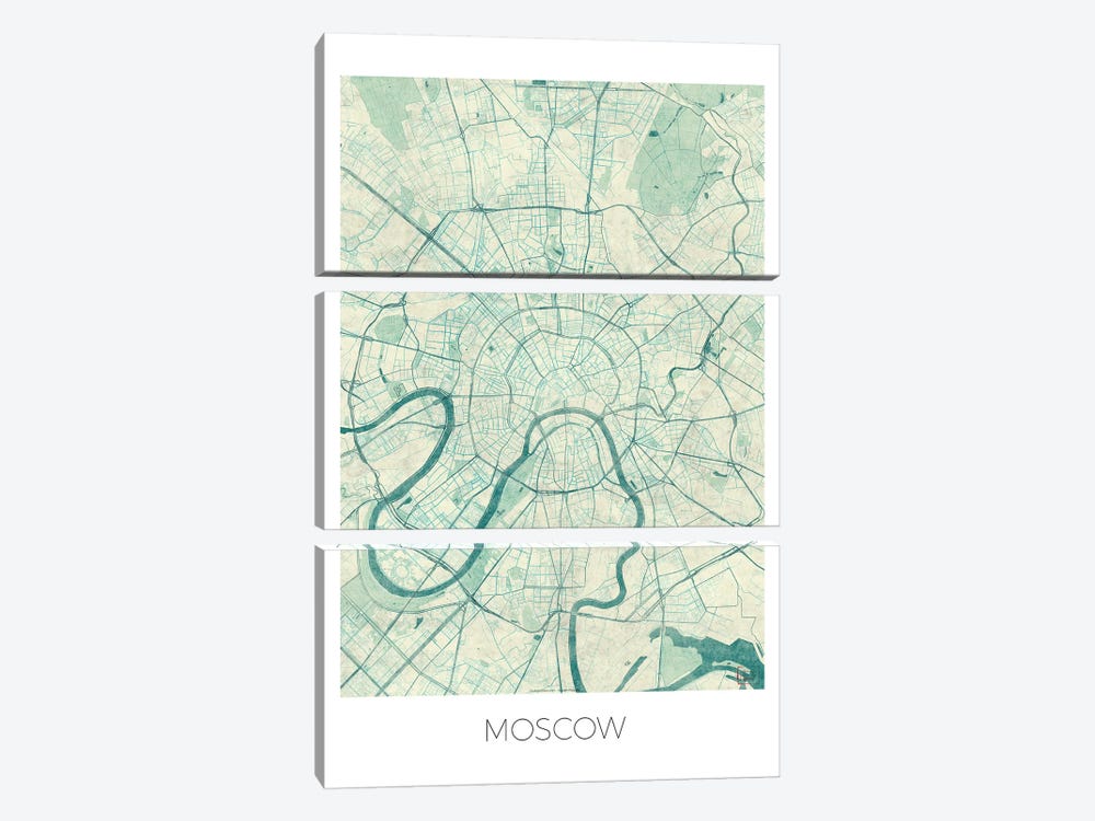Moscow Vintage Blue Watercolor Urban Blueprint Map 3-piece Canvas Print