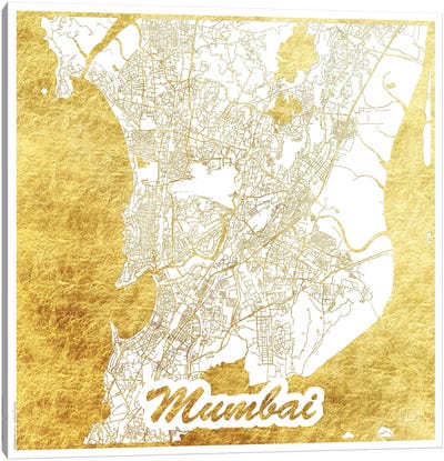 Mumbai Gold Leaf Urban Blueprint Map Canvas Art Print - India Art