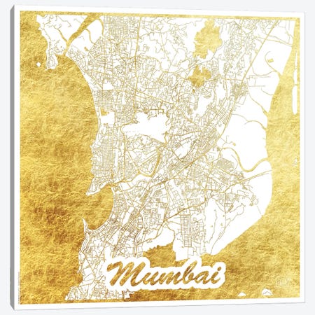 Mumbai Gold Leaf Urban Blueprint Map Canvas Print #HUR249} by Hubert Roguski Canvas Wall Art