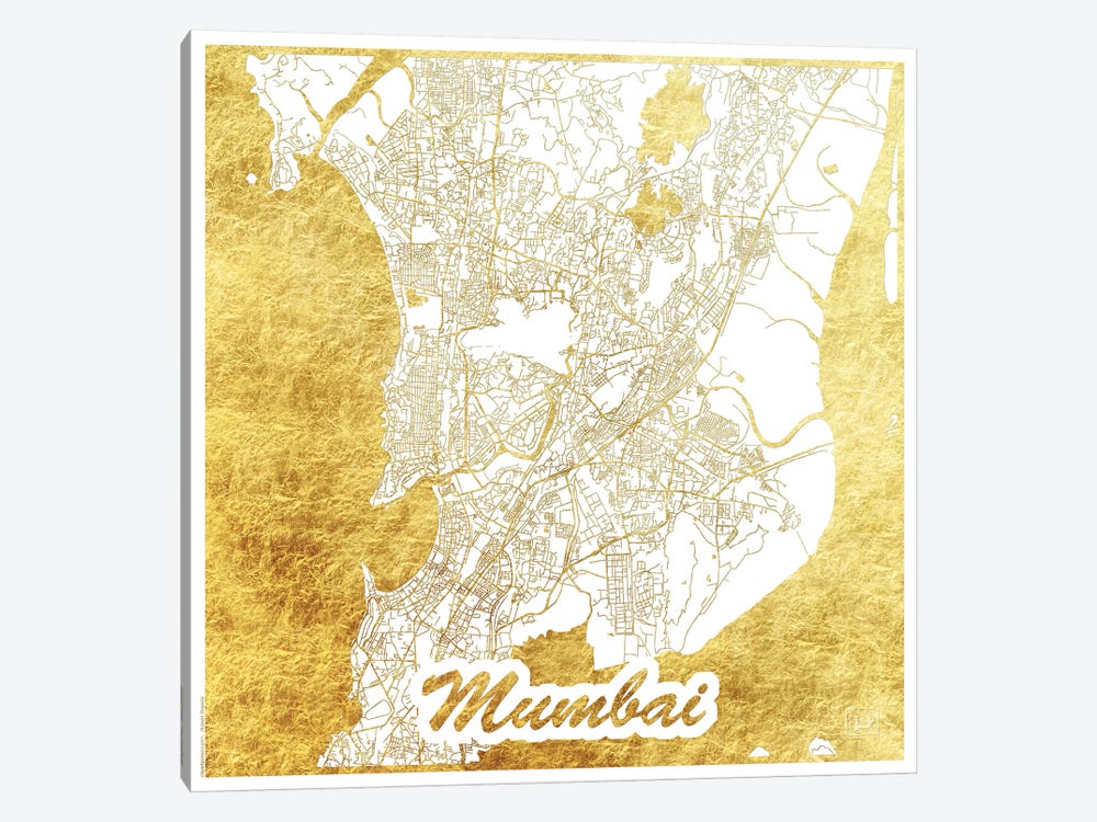 Mumbai Gold Leaf Urban Blueprint Map by Hubert Roguski 1-piece Canvas Artwork