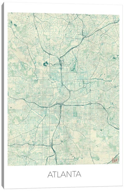 Atlanta Vintage Blue Watercolor Urban Blueprint Map Canvas Art Print - Atlanta Maps